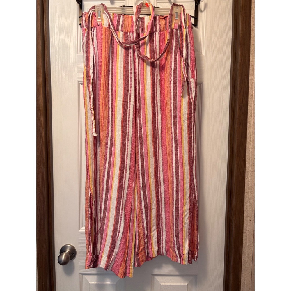 Indigo Rein Pink Striped Wide Leg Linen Blend Pants XL Side Slit Beach Summer